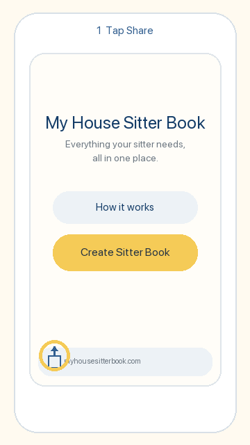 Animated guide showing how to add My House Sitter Book to an iPhone or iPad Home Screen